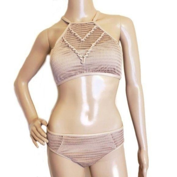 Kenneth Cole NWT nude cream bikini hight waist high neckline crocket knit small - Picture 2 of 7